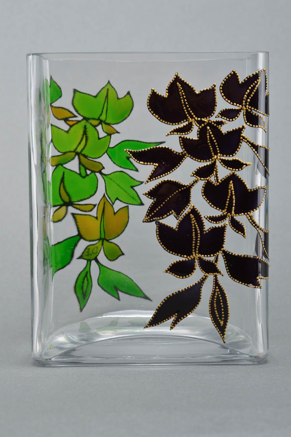 Vase à fleurs en verre fait main transparent noir et vert peinture originale photo 1