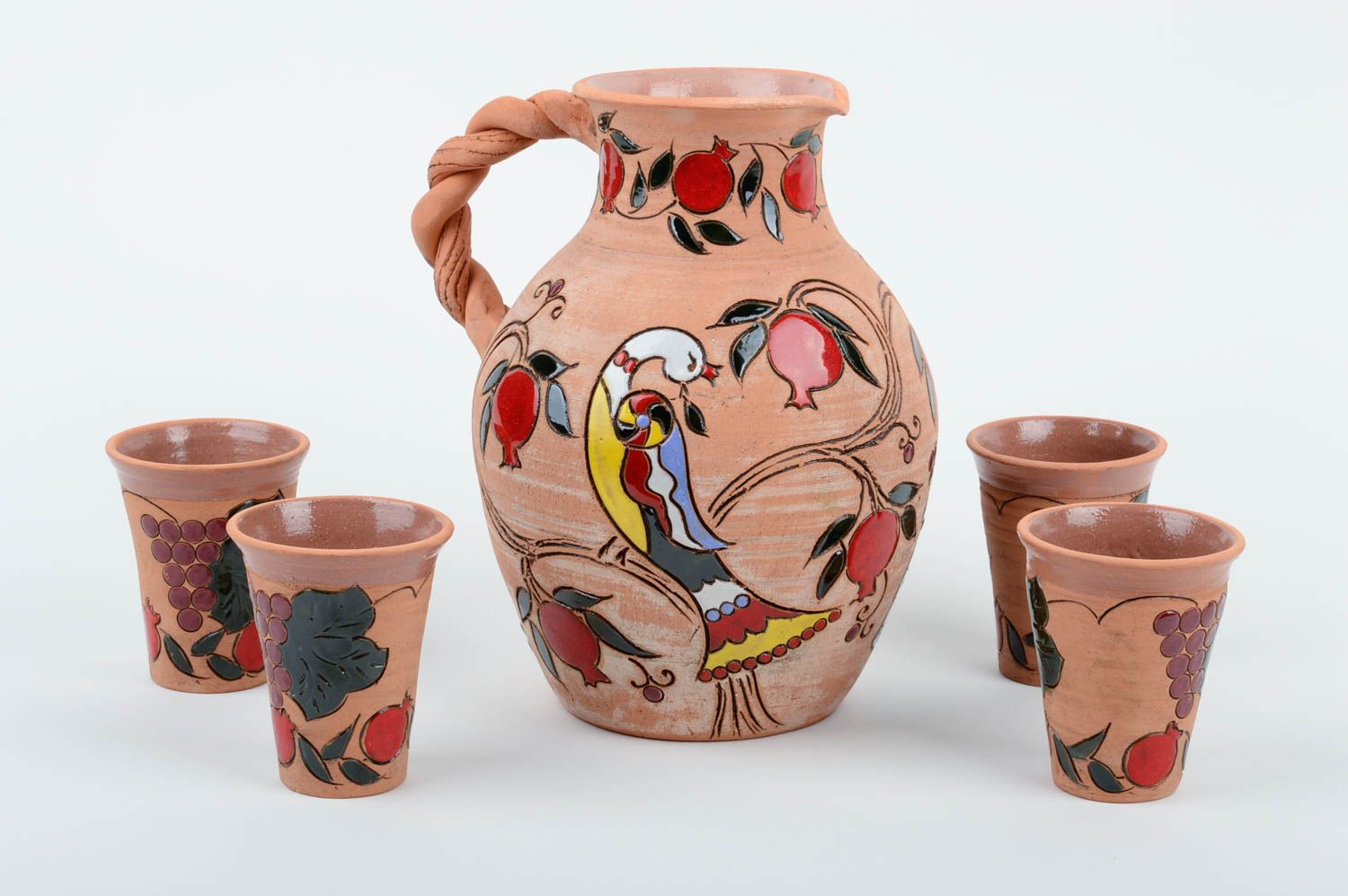 Глиняная посуда ручной работы набор чашек для чая керамический кувшин расписные фото 1