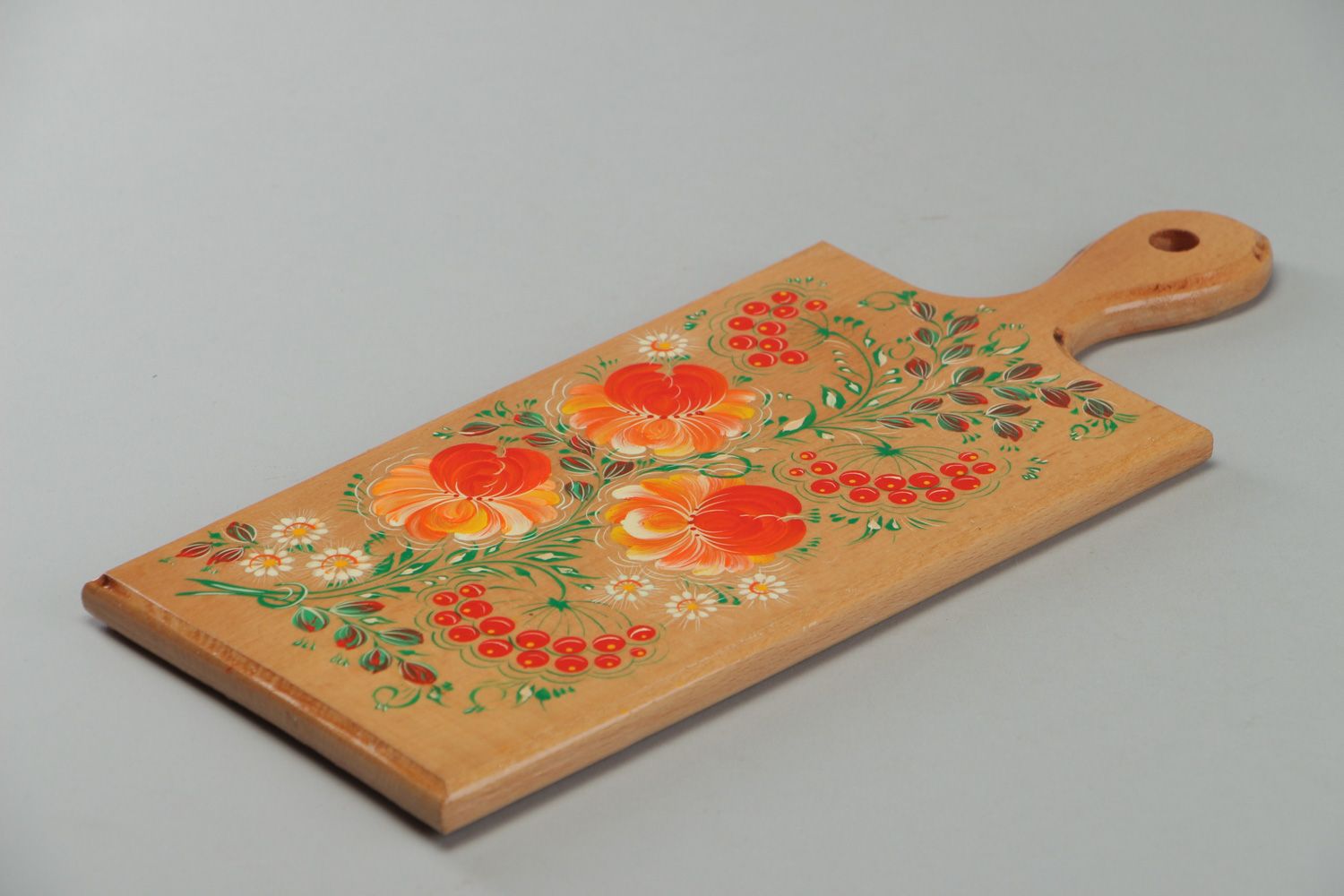Handmade varnished chopping board of average size with painting for home decor photo 3