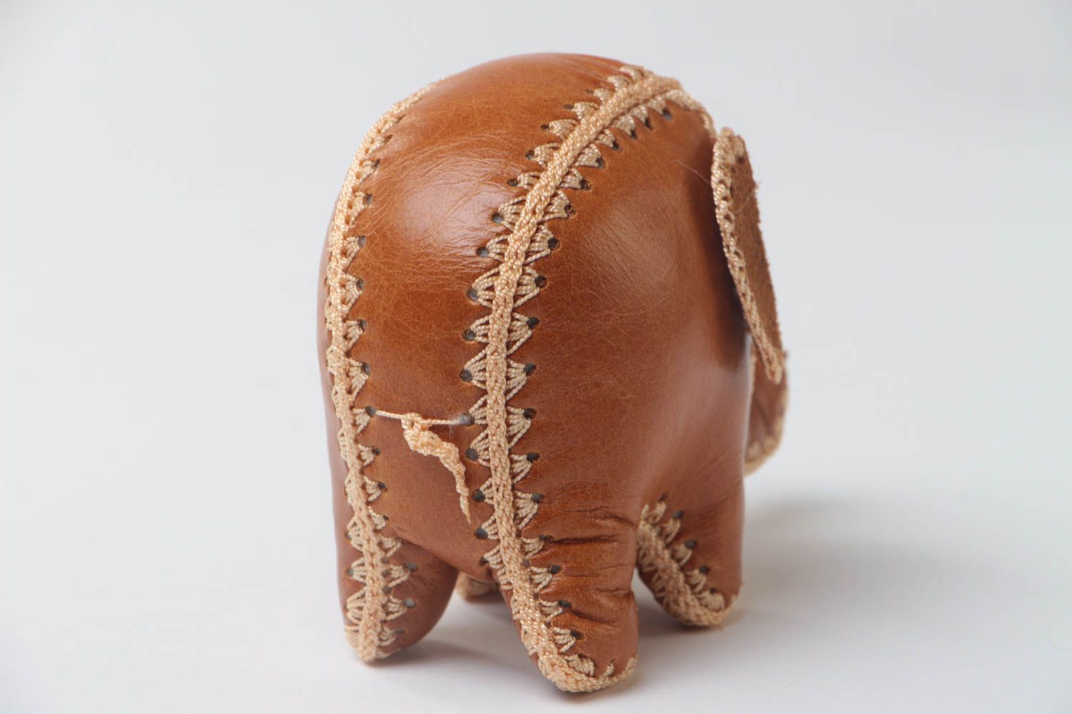 Handmade small designer soft toy cute elephant cub sewn of genuine brown leather photo 4