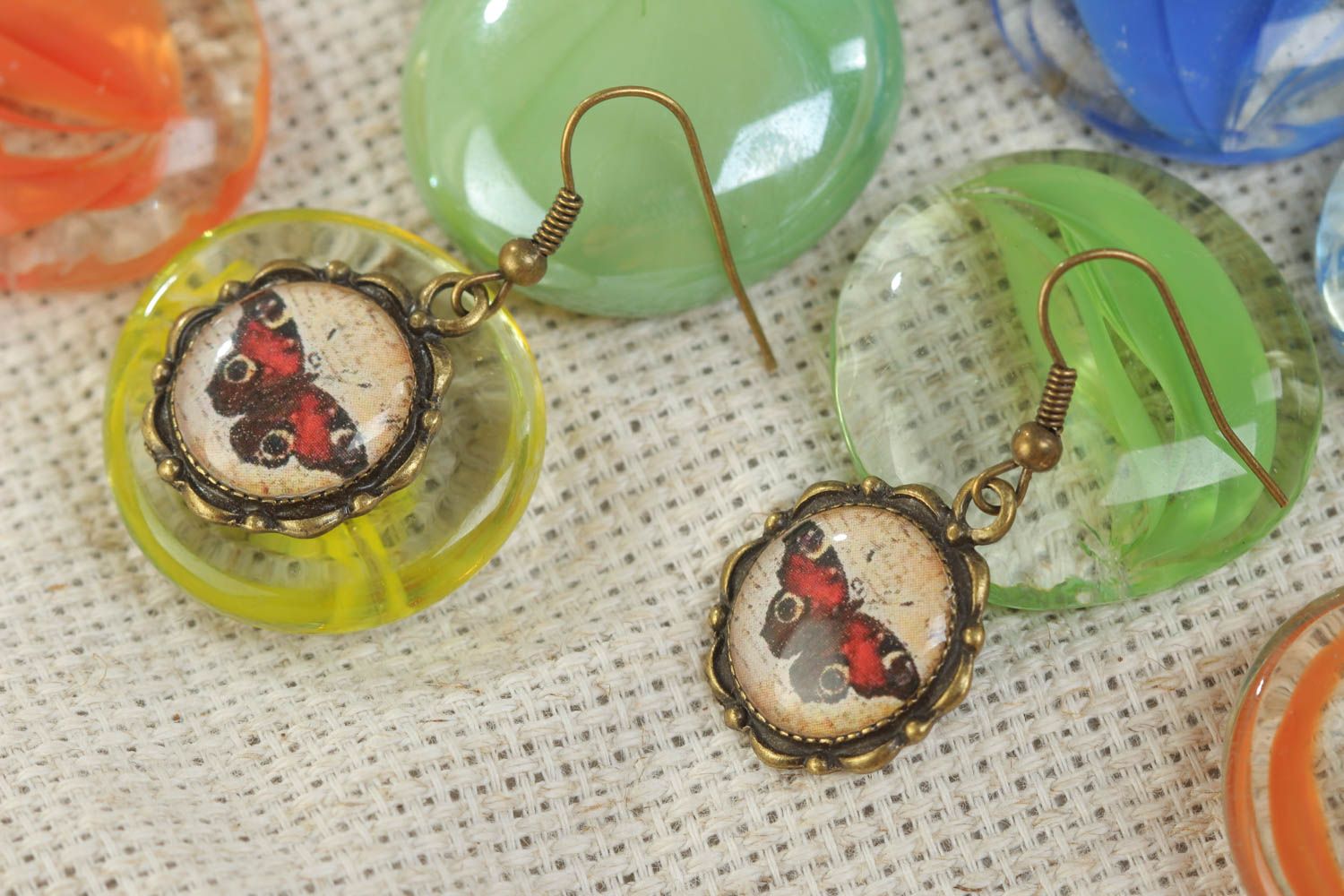 Handmade round earrings with charms made of glassy glaze designer jewelry photo 1