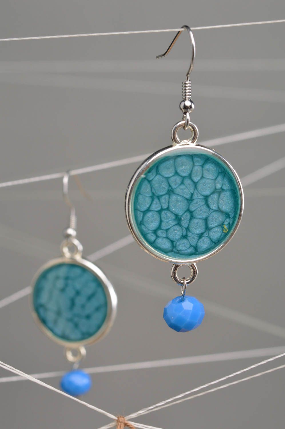 Blue handmade decoupage earrings with jewelry resin and bead photo 4