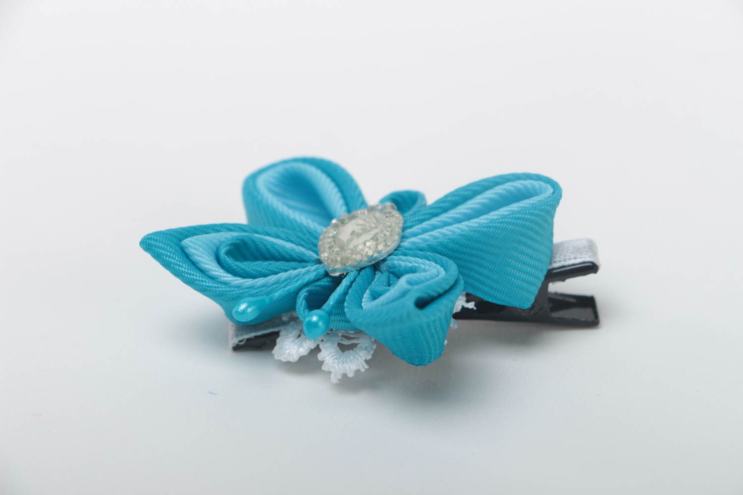 Petite pince à cheveux papillon bleu en rubans de reps faite main pour enfant photo 3