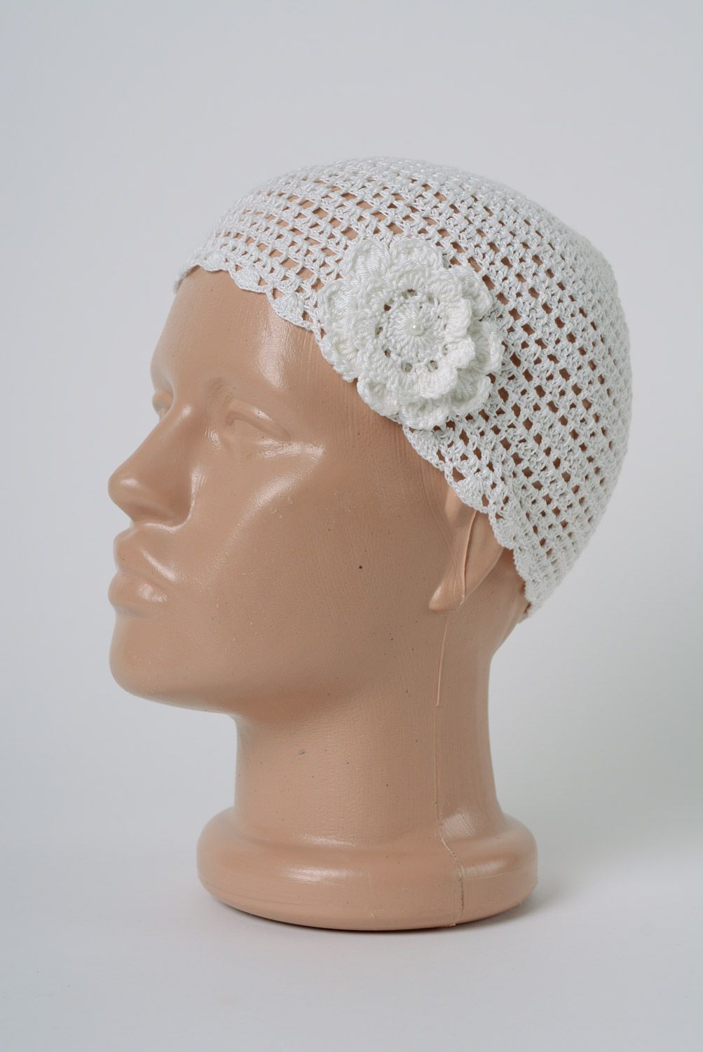 Handmade white lacy hat crocheted of cotton threads with flowers and beads photo 1