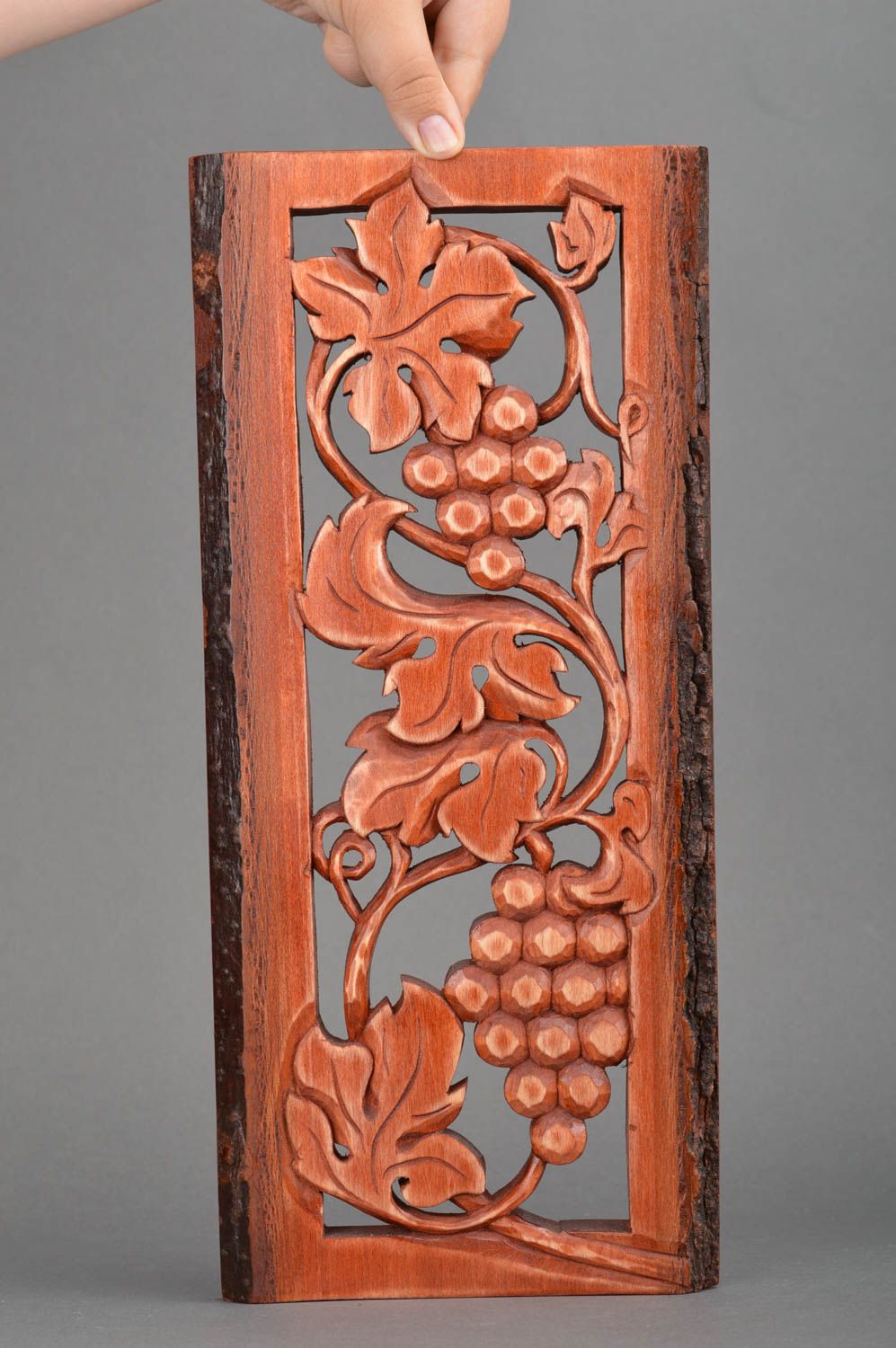 Unusual handmade carved wall panel made of wood for interior Bunches of grapes photo 5