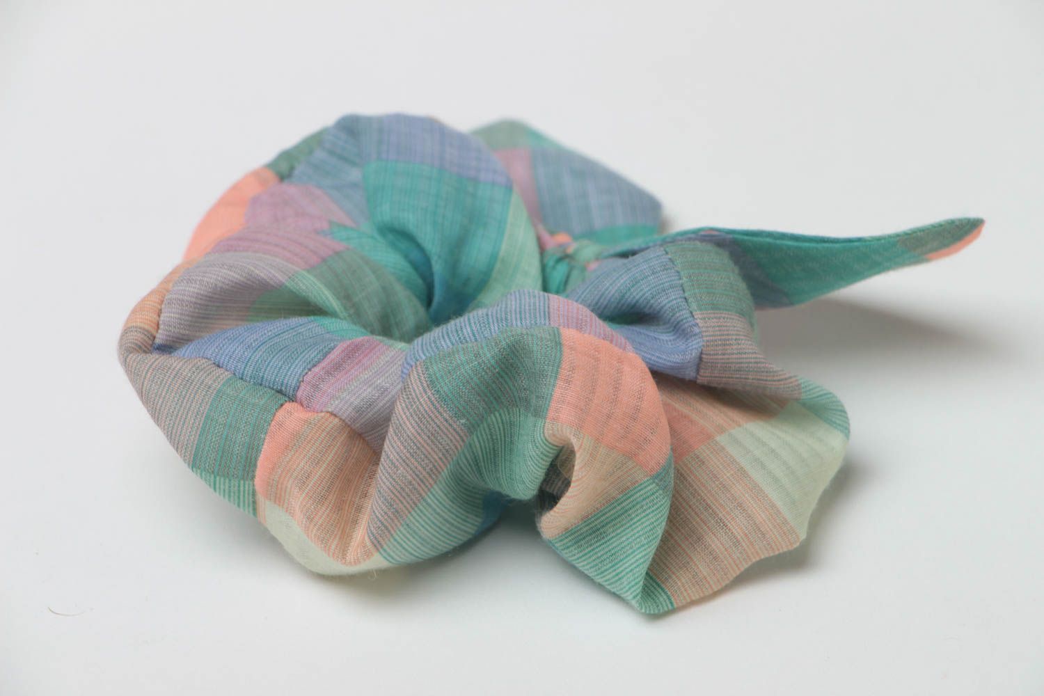 Homemade decorative volume checkered fabric hair tie of pastel colors with bow photo 5