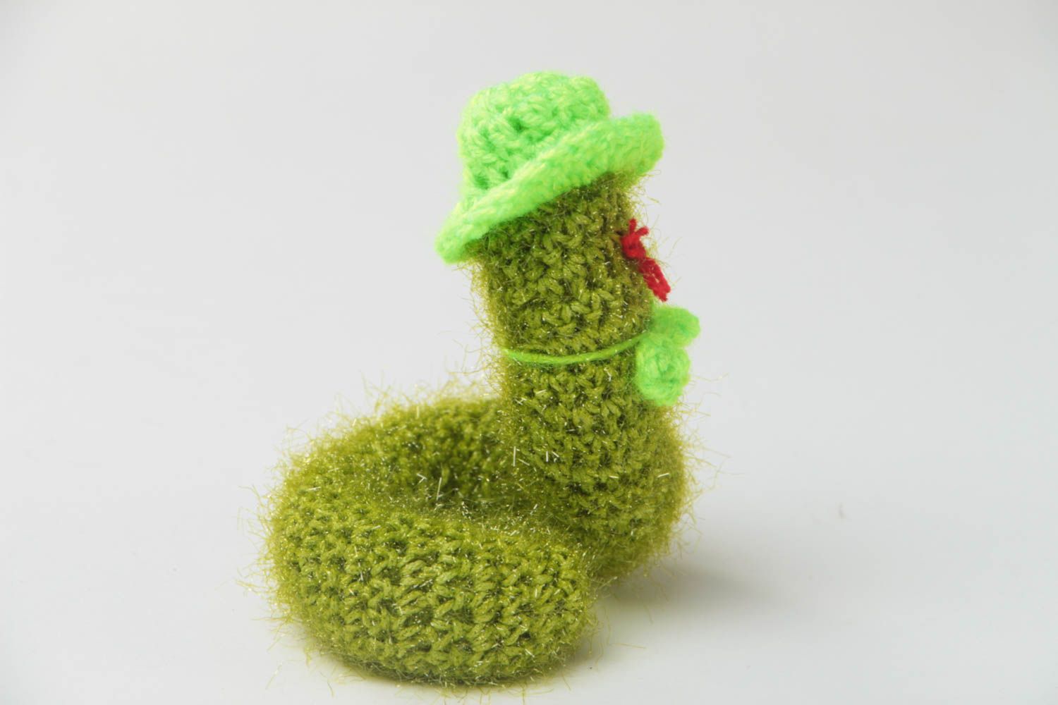 Beautiful handmade soft toy crocheted of acrylic threads green snake in hat photo 2