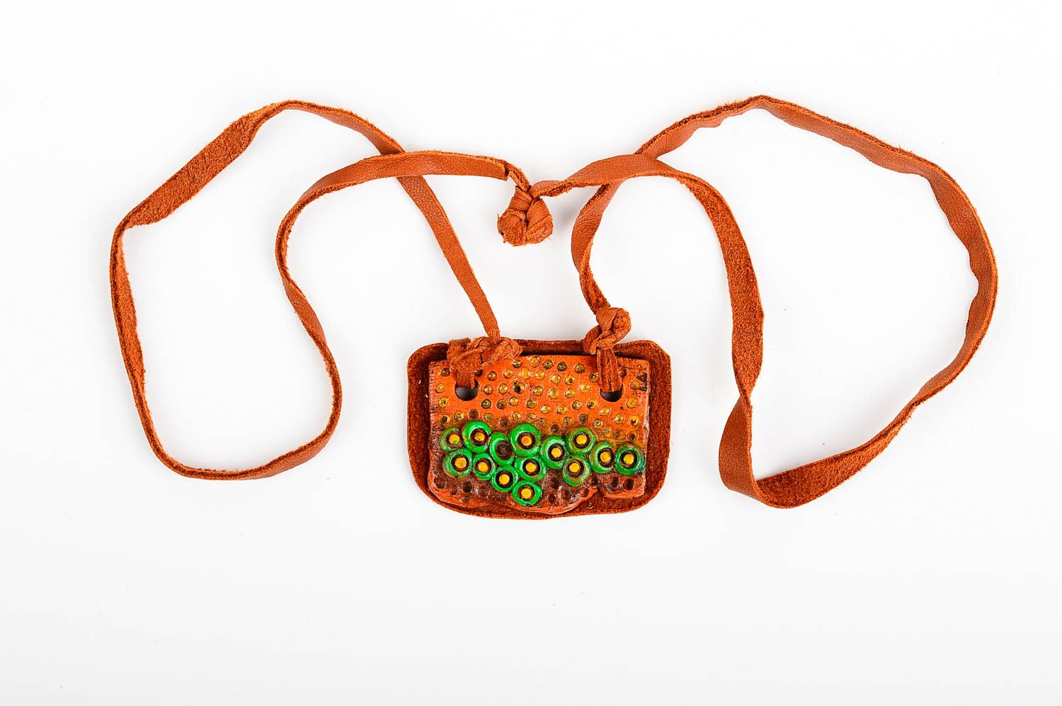 Pendentif céramique Bijou fait main peint vert orange cordon Accessoire femme photo 1