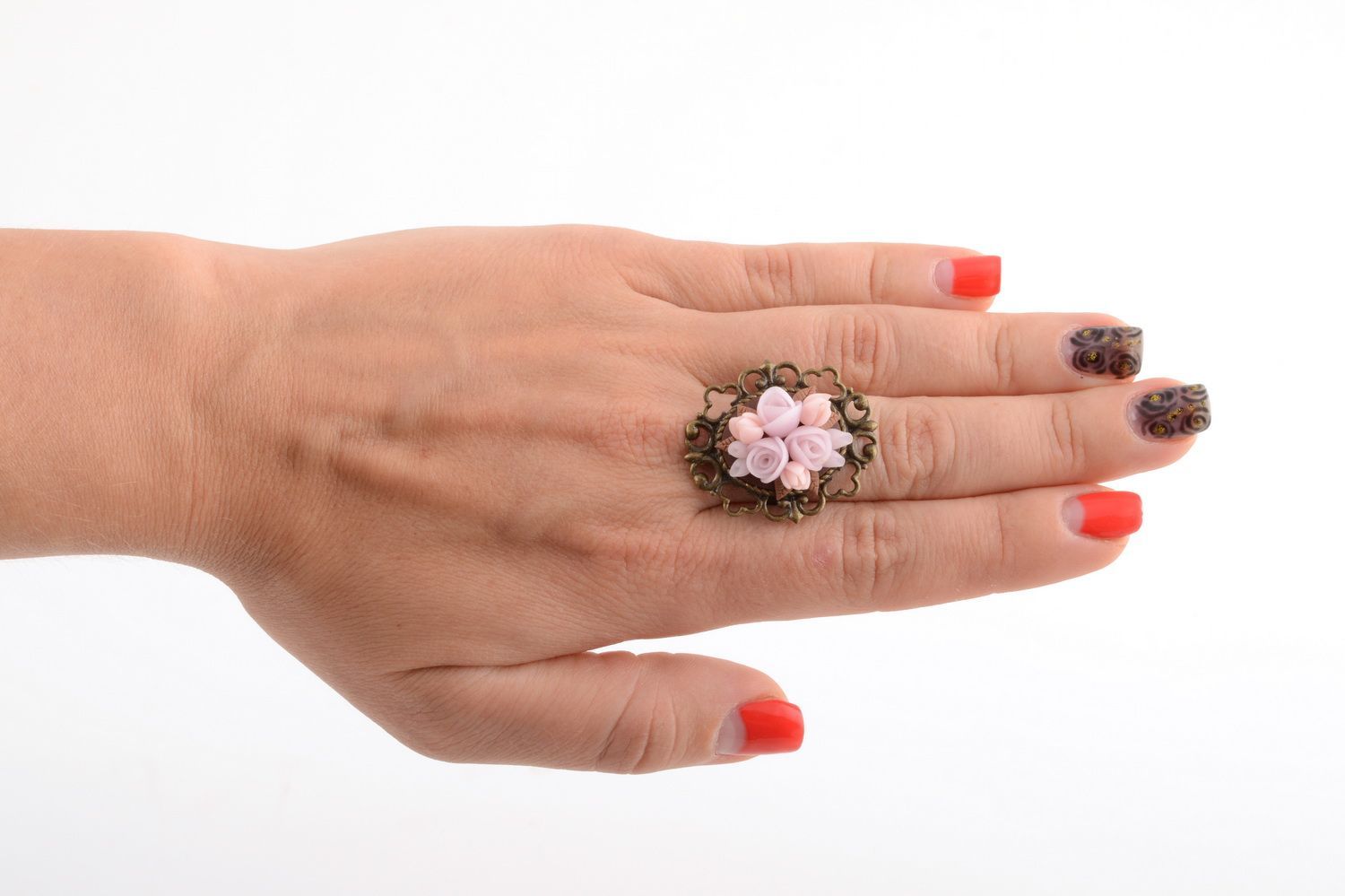 Handmade jewelry ring with figured metal basis and pink polymer clay flowers photo 5