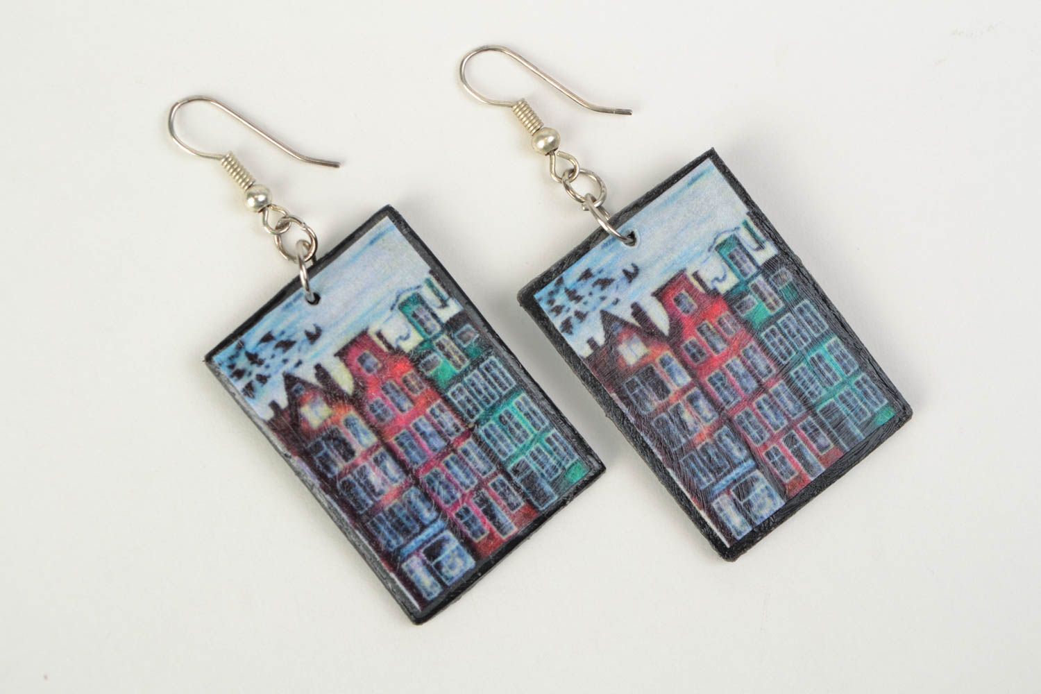 Handmade large earrings with charms made of polymer clay decorated with decoupage photo 3