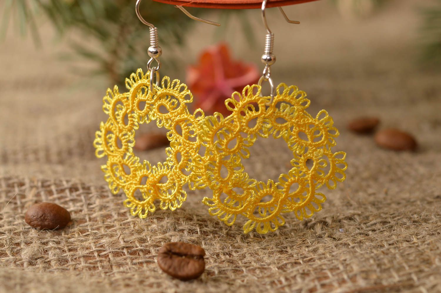 Beautiful delicate yellow earrings of round shape tatting handmade jewelry photo 1