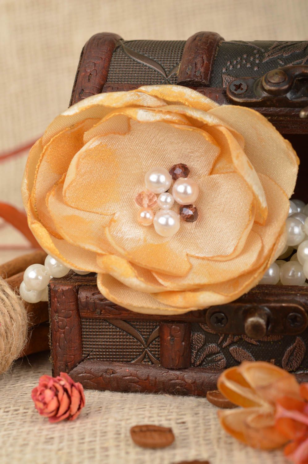 Hair clip with fabric flower and beads beautiful beige gentle handmade jewelry photo 1