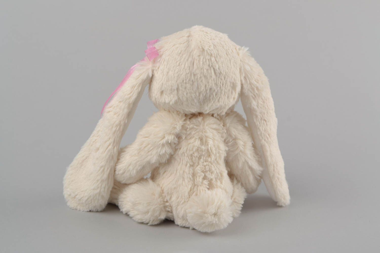 Handmade cute small faux fur soft toy light rabbit with pink organza bow photo 5