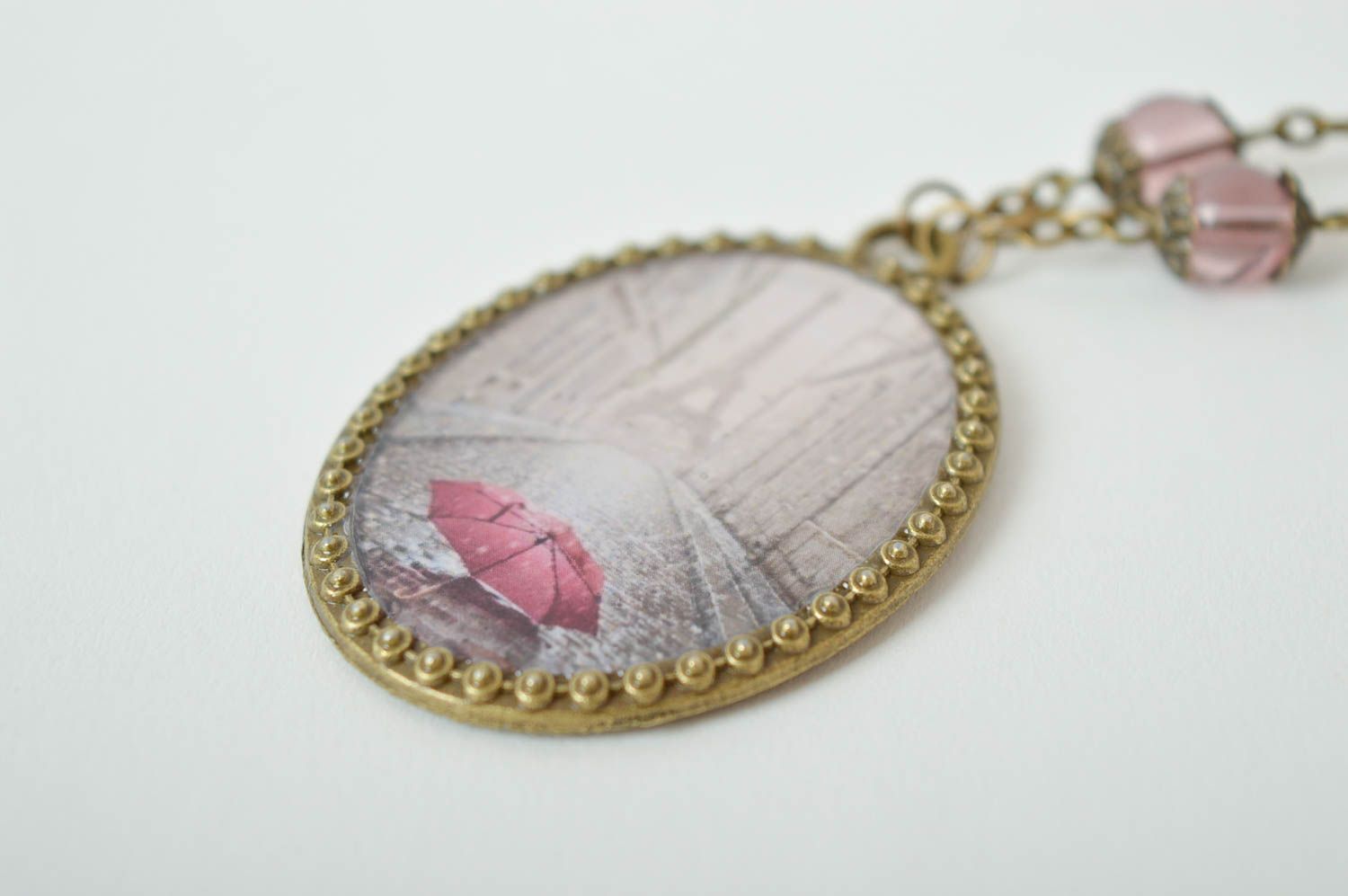 Кулон ручной работы розовый зонтик оригинальный подарок авторская бижутерия фото 3