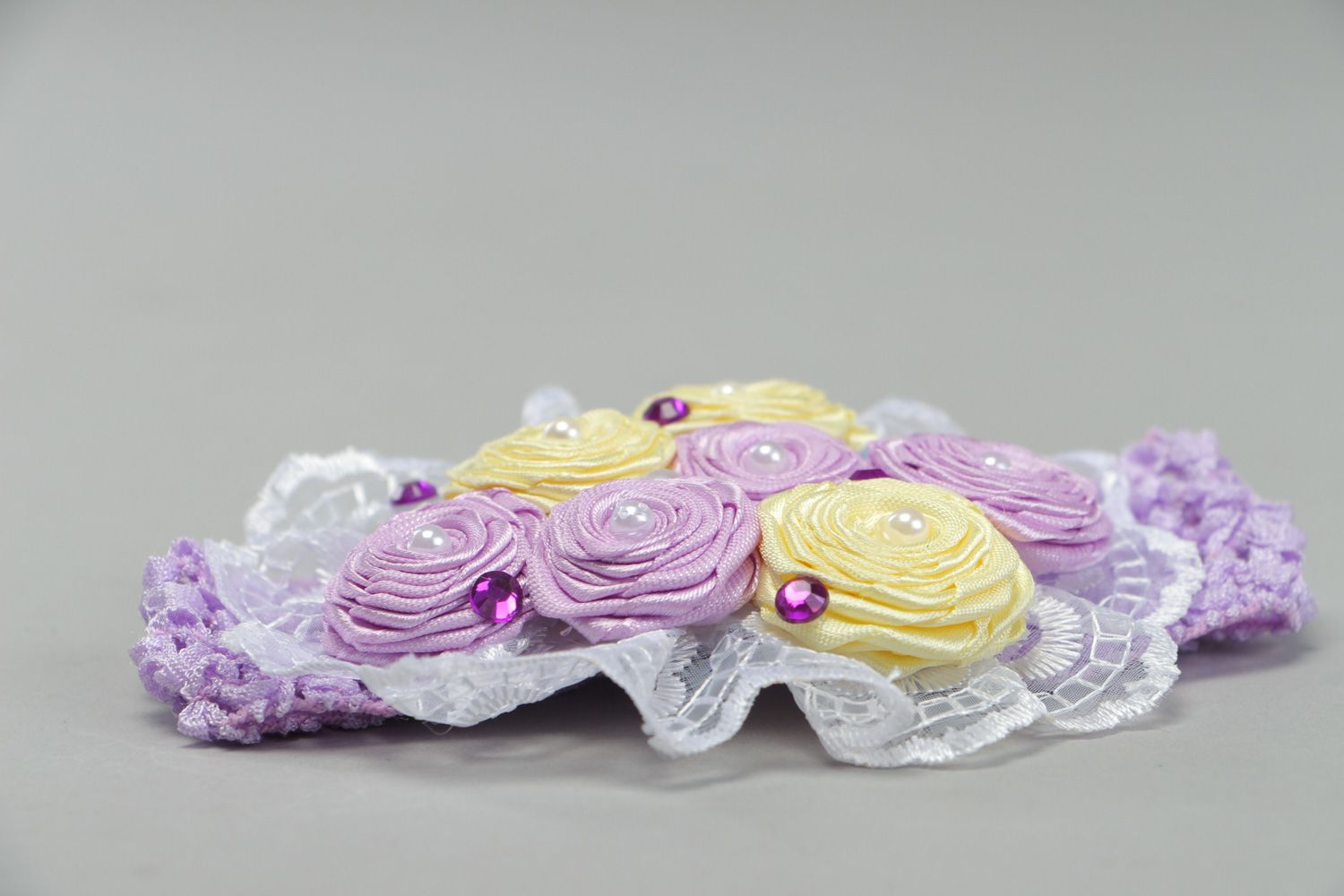 Stylish handmade headband with satin ribbon flowers in tender violet color palette photo 2