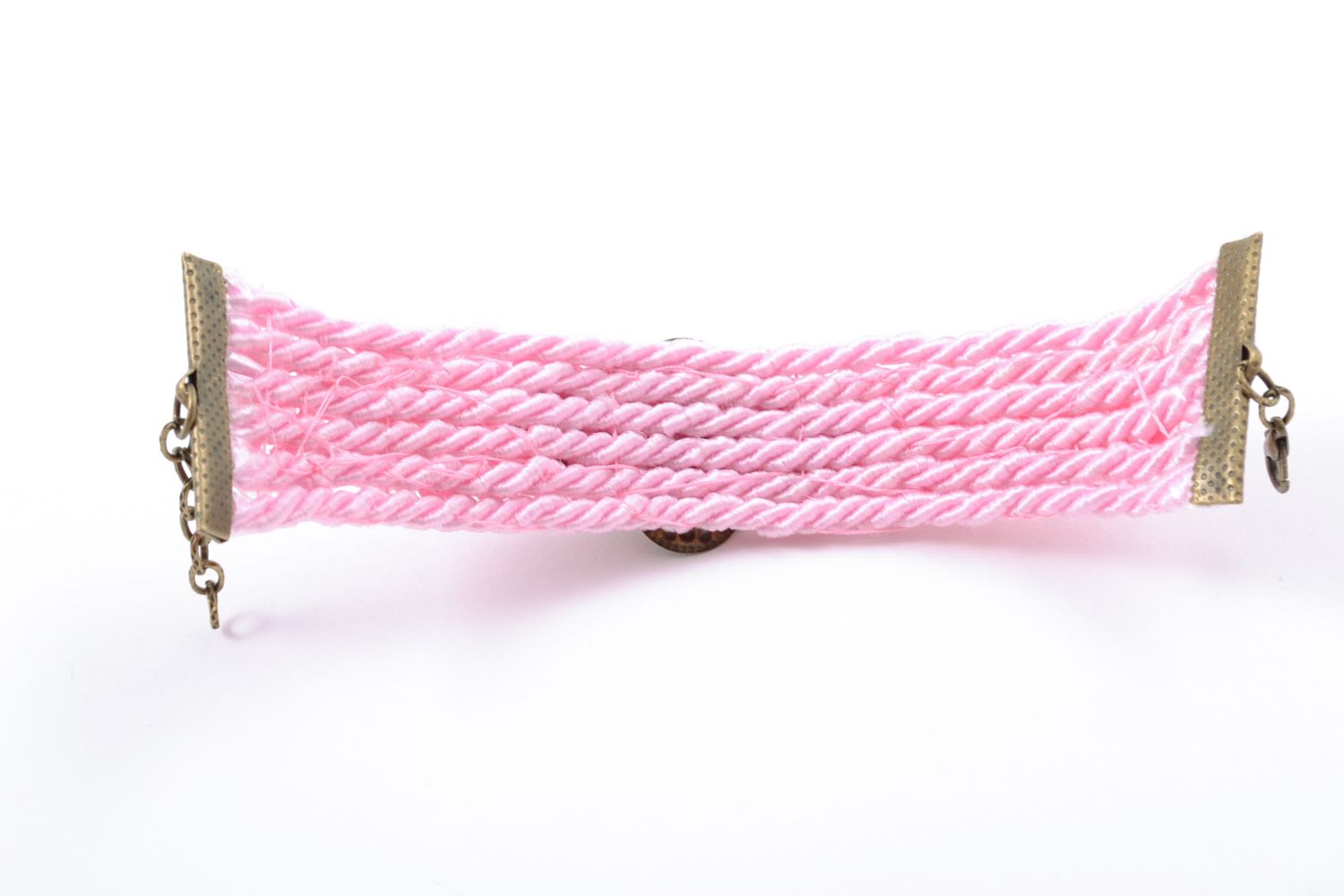 Bracelet en textile rose avec boucle métallique et perles fantaisie fait main photo 3