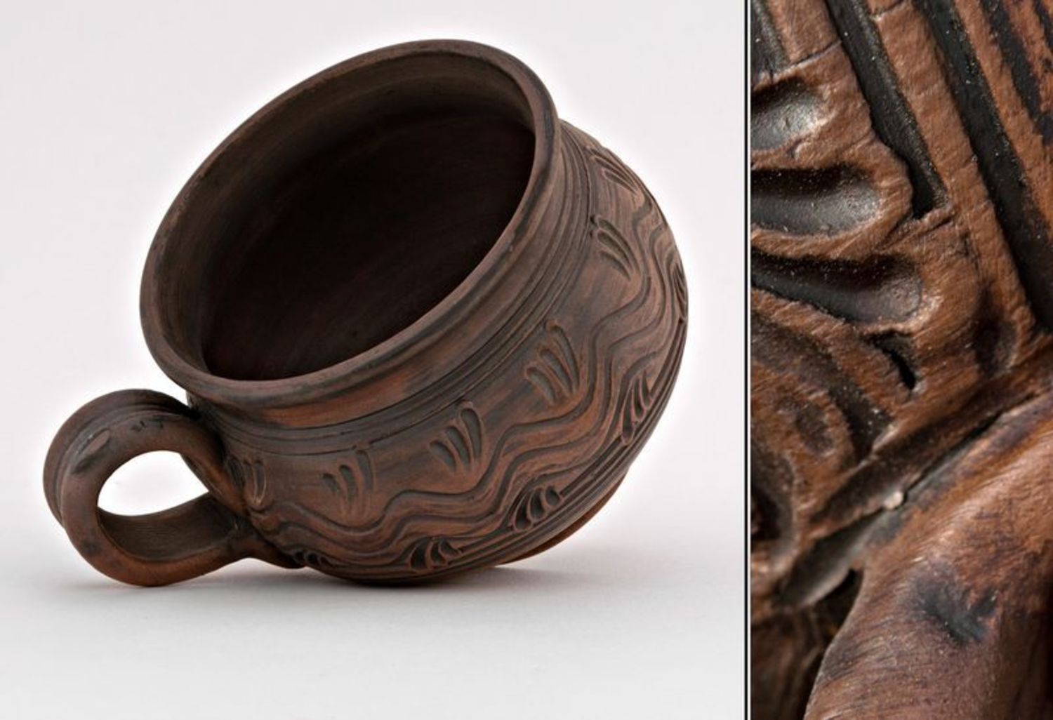 8 oz natural clay handmade coffee cup in pot-shape style with handle and rustic pattern photo 3