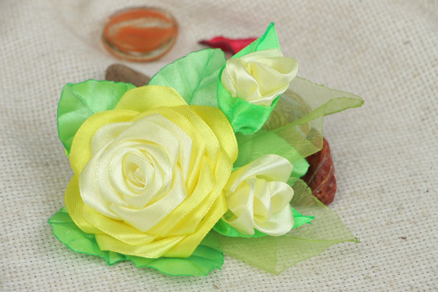 Handmade women's satin flower hair clip Yellow Rose photo 5