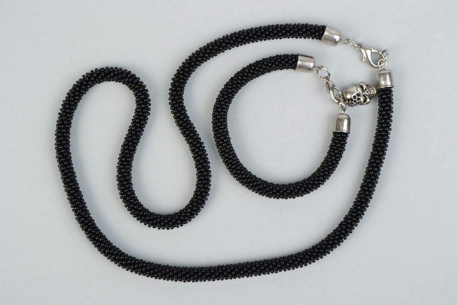 Set of handmade designer necklace and wrist bracelet woven of black Czech beads photo 1