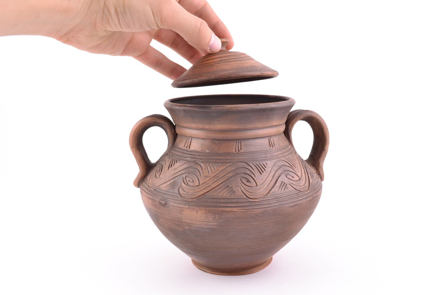 Jarra de cerámica de arcilla con tapa y dos asas original vasija artesanal foto 1
