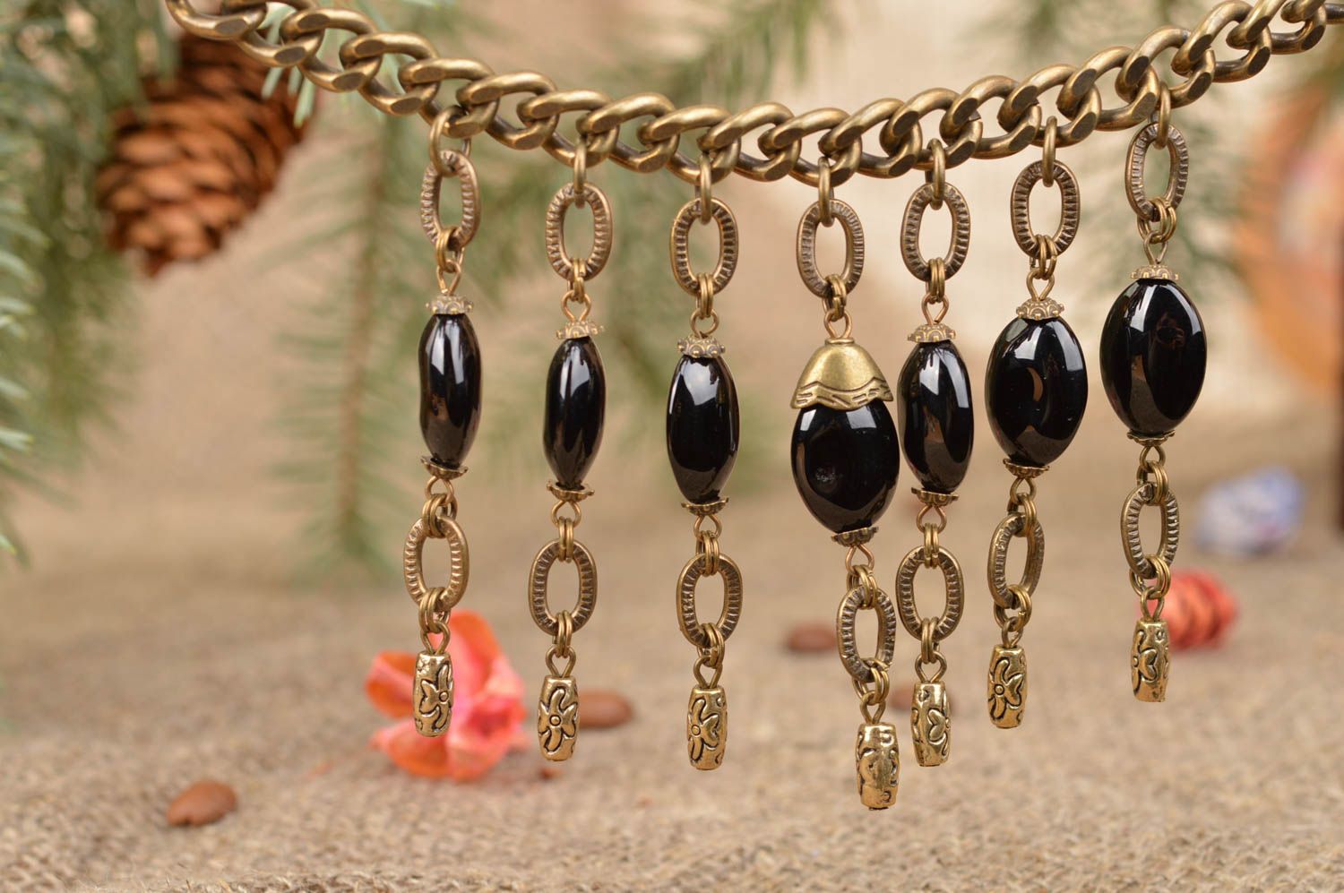 Handmade massive designer elegant metal chain necklace with large black beads photo 5