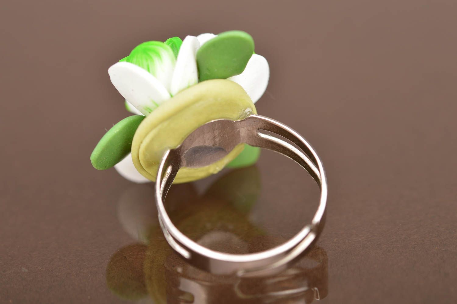 Handmade designer jewelry ring with volume polymer clay white and green flowers photo 5
