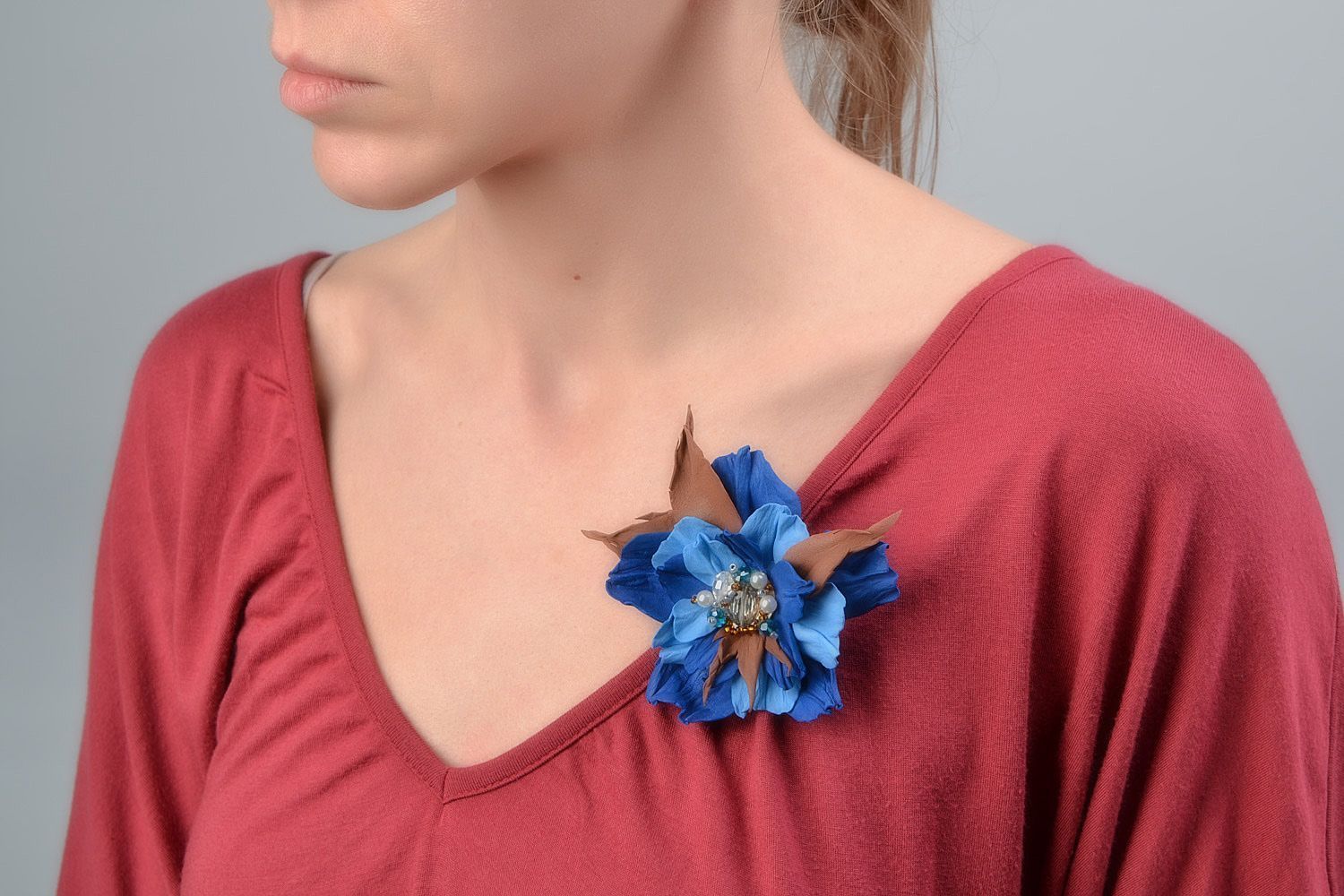 Handmade magnificent blue and brown foamiran flower brooch hair clip transformer photo 1