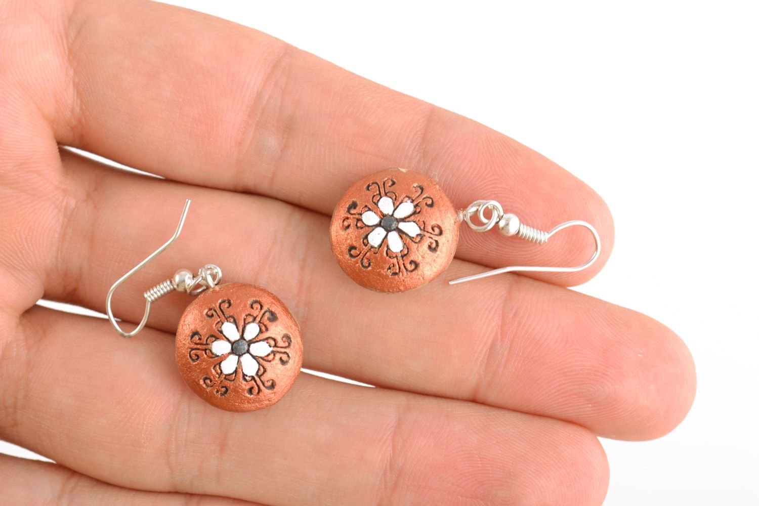 Small handmade round brown ceramic dangling earrings in boho chic style photo 2