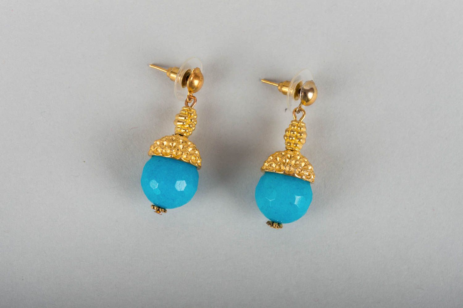 Handmade small neat latten earrings with blue quartz beads photo 2