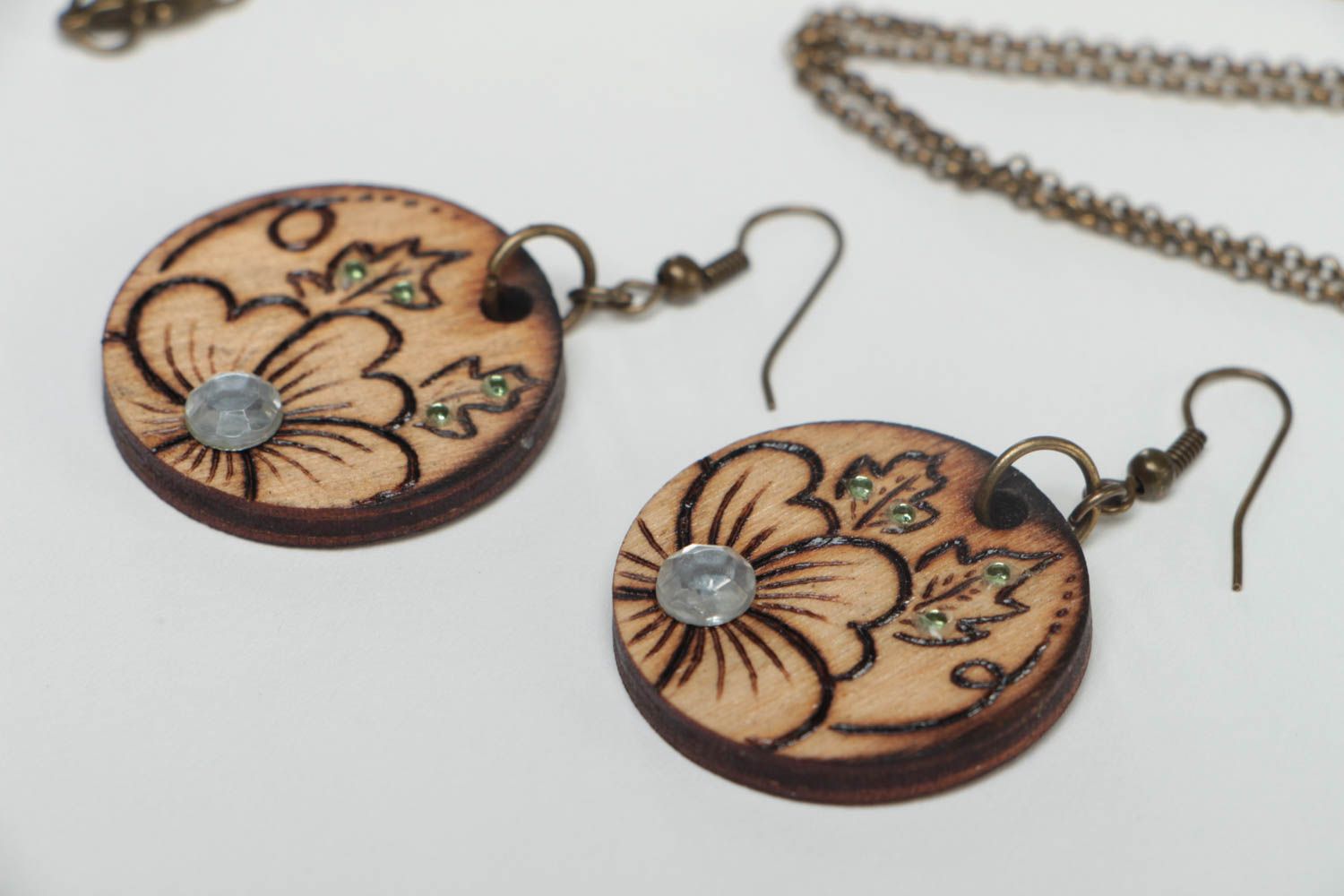 Handmade ethnic accessories wooden earrings wood pendant on chain wooden jewelry photo 3
