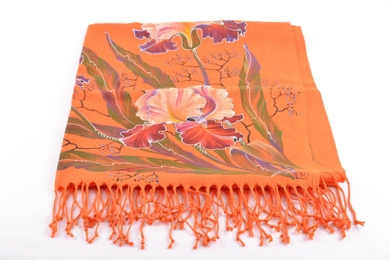 Châle en cachemire orange peinture à l'acrylique fleurs faite à la main photo 2