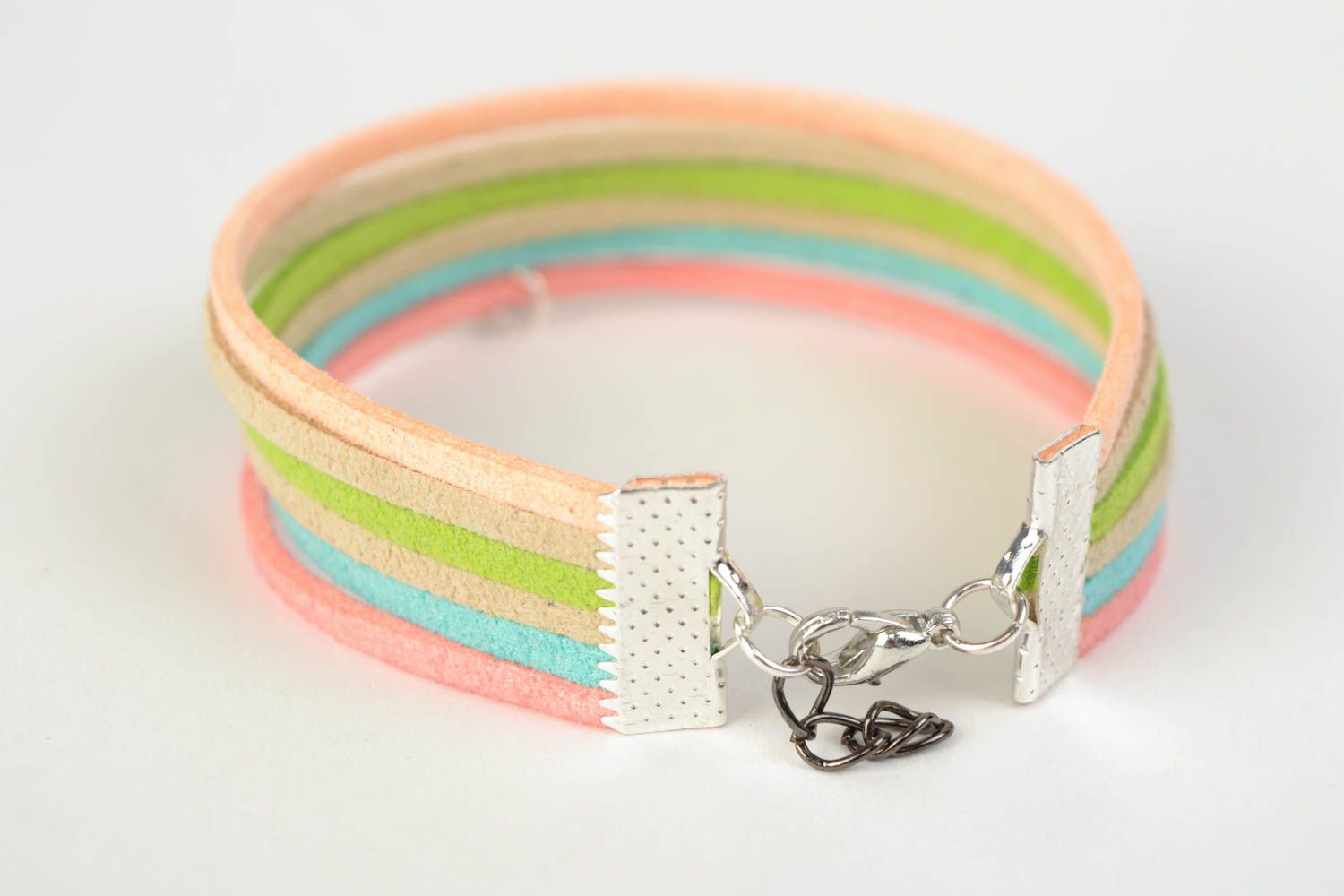 Colorful handmade woven suede bracelet with metal charm in the shape of dragonfly photo 4