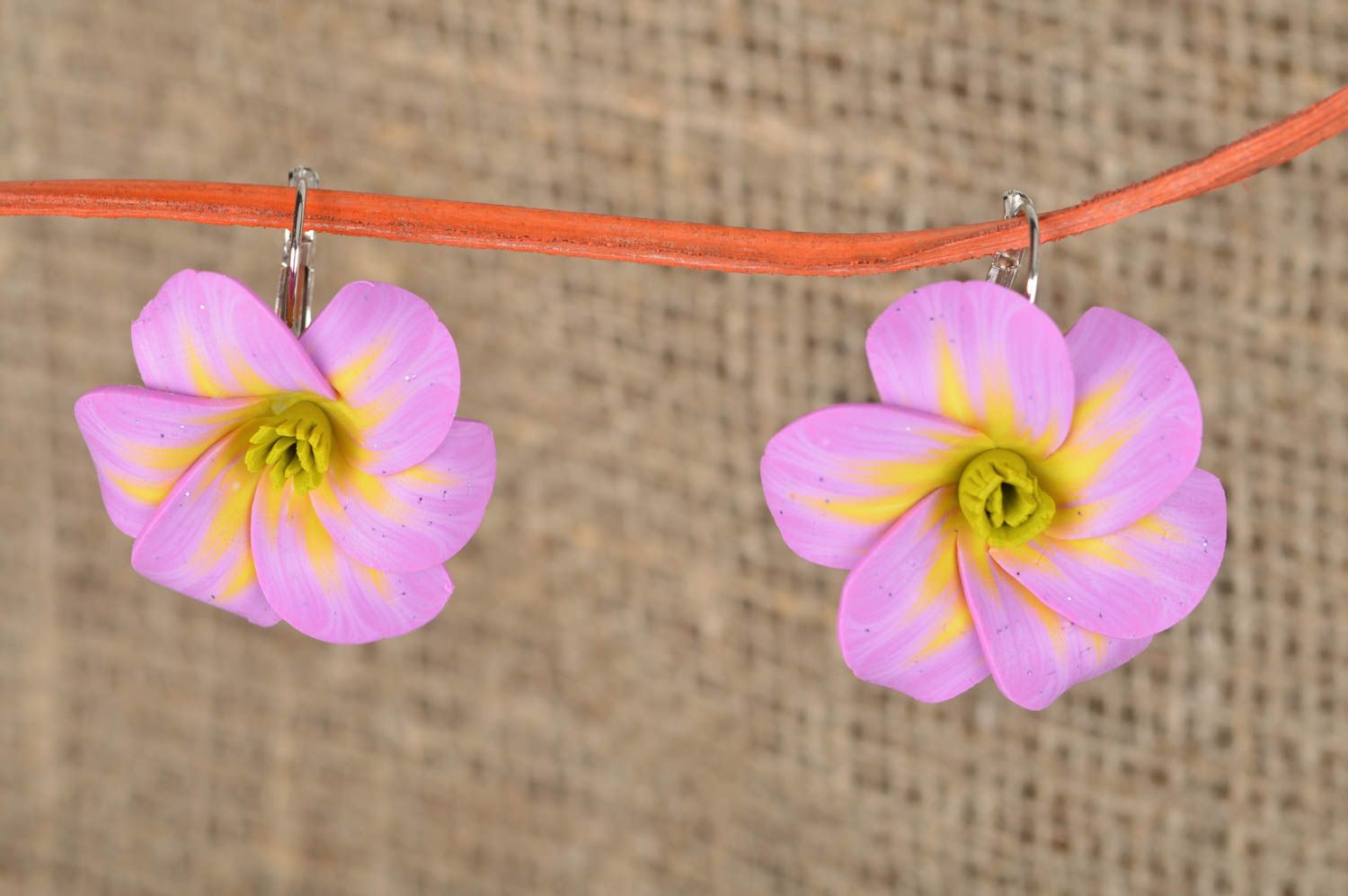 Handmade pink and yellow large cute flower earrings made of polymer clay photo 1