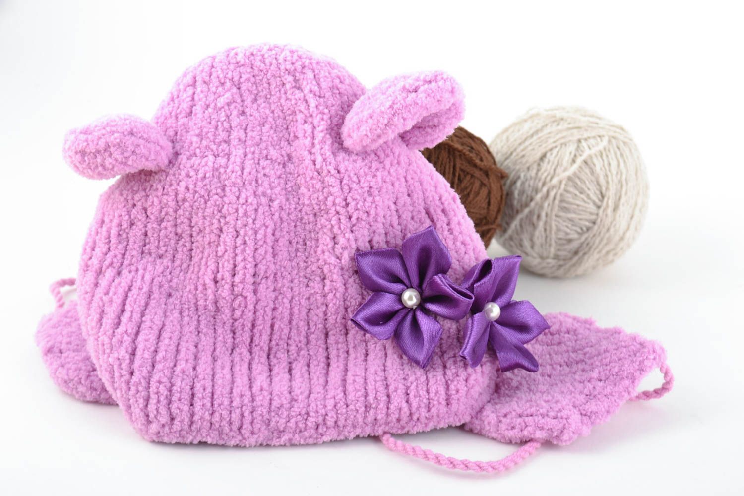 Purple knitted hat for baby girl 270 mm warm winter beautiful handmade cap photo 1