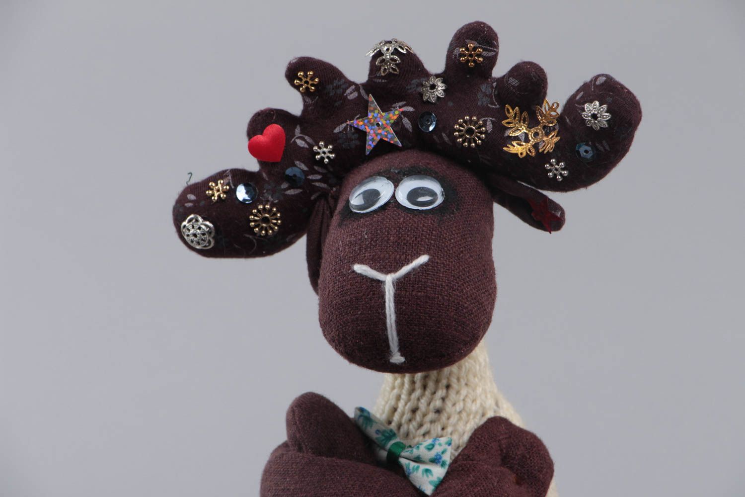 Handmade designer fabric soft toy Elk in knit vest and trousers with animal print photo 3