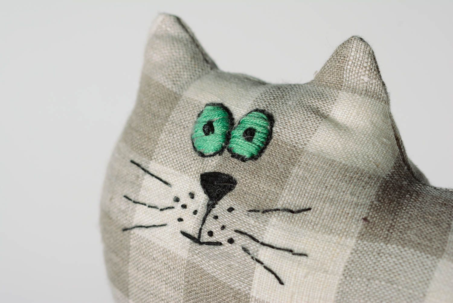 Handmade funny soft toy sewn of checkered linen fabric with embroidery Cat photo 2