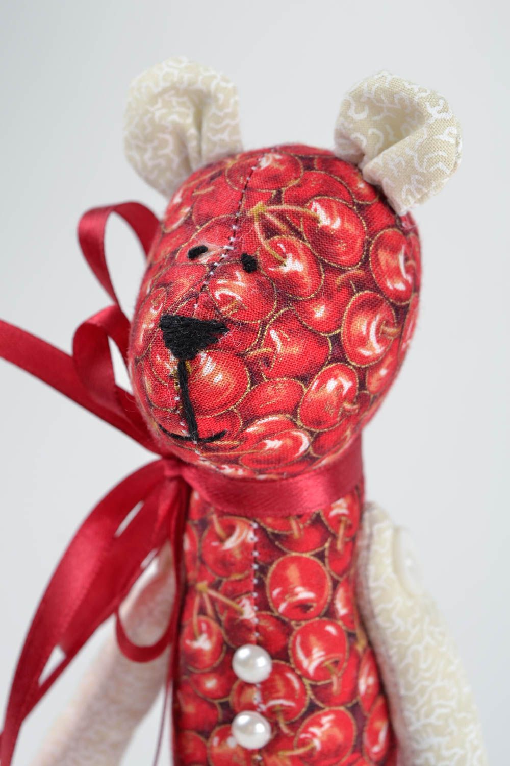 Peluche Ours en tissu de coton faite main blanc-rouge Cadeau pour enfant photo 3