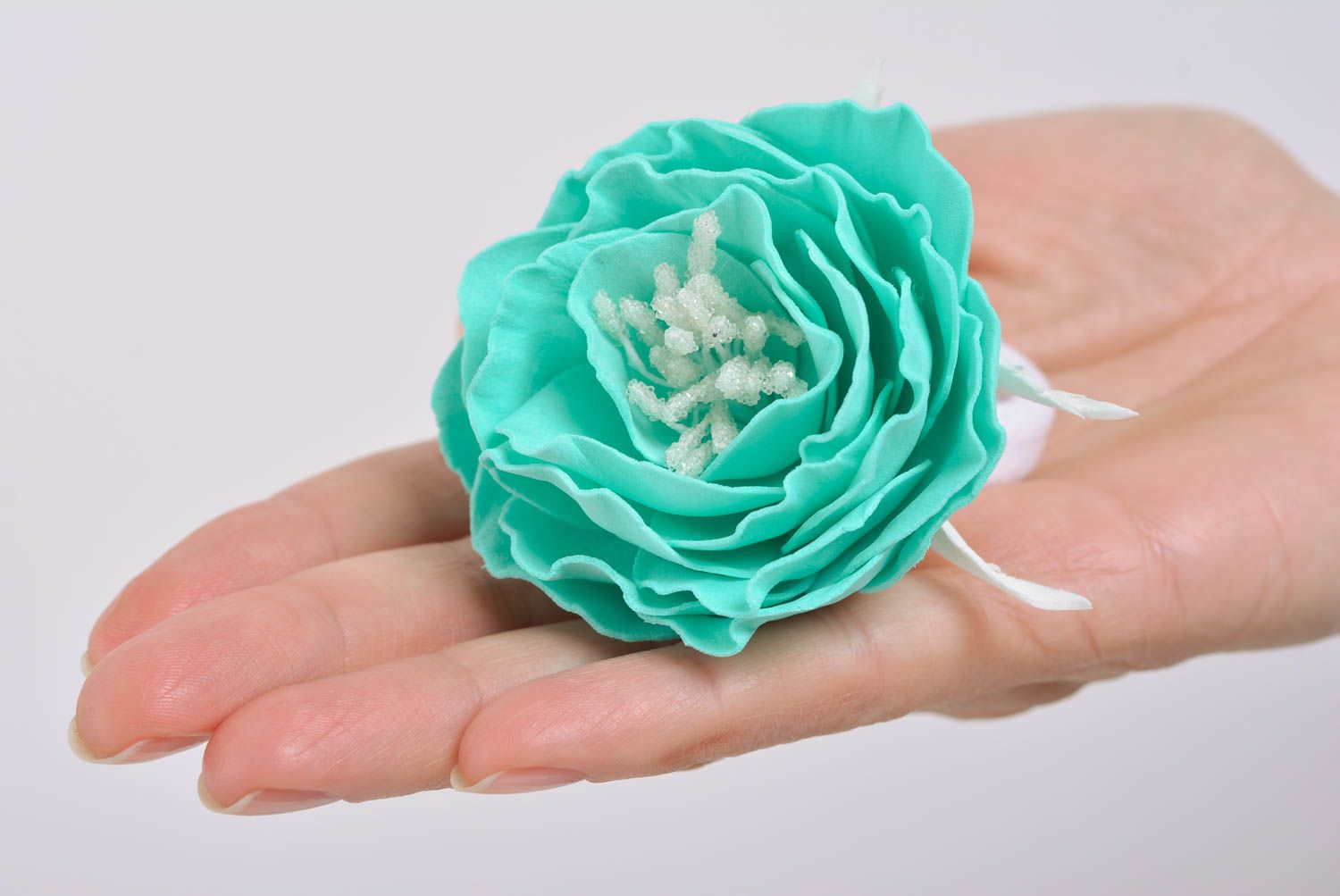 Handmade decorative hair band with large volume foamiran flower of mint color photo 5