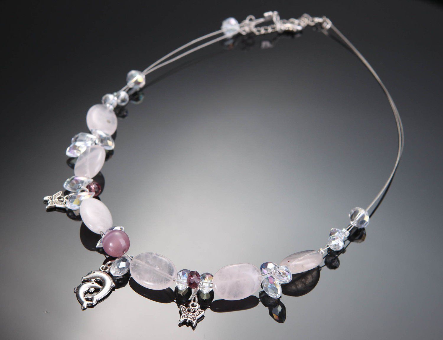 Necklace made of pink quartz & crystal photo 2