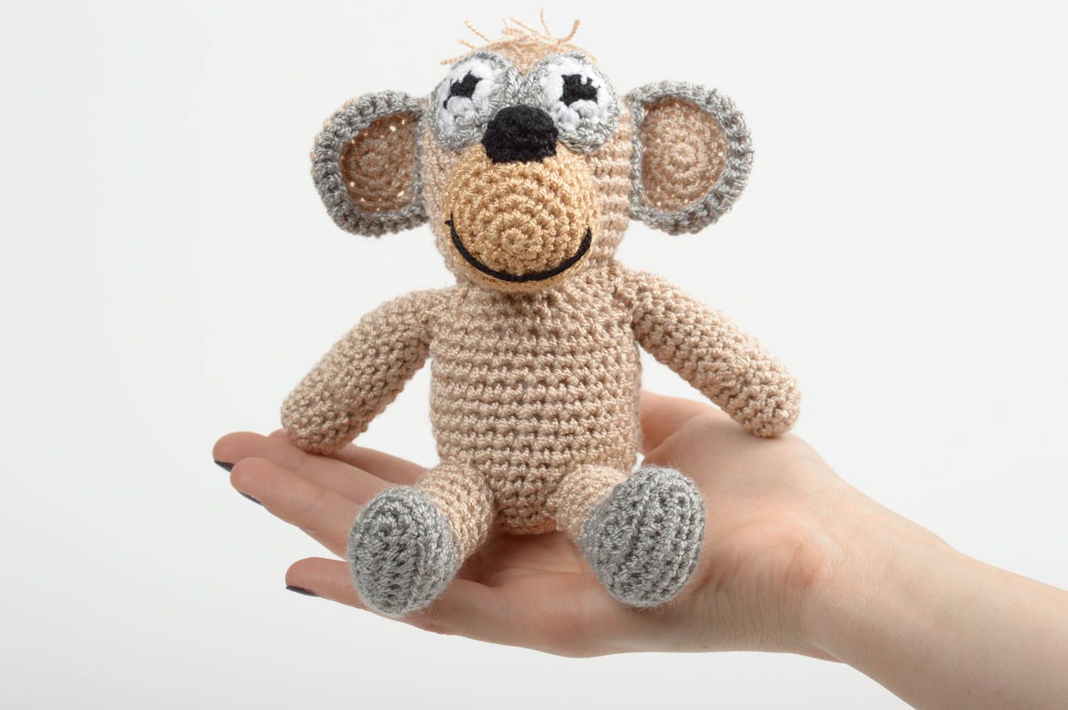 Jouet singe Peluche faite main Déco maison tricoté au crochet coton marron gris photo 1