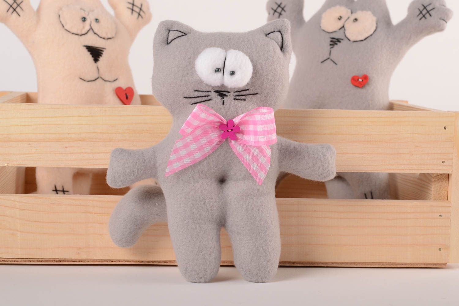 Handmade baby toy fleece handmade toy soft toy grey cat with bow toy for kids photo 1