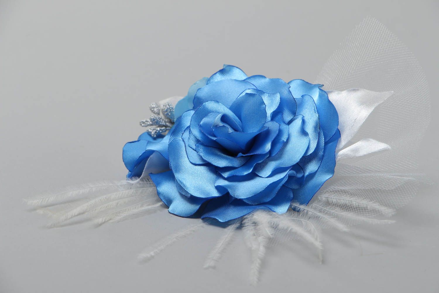 Handmade decorative hair clip with large volume bright blue satin flower photo 3