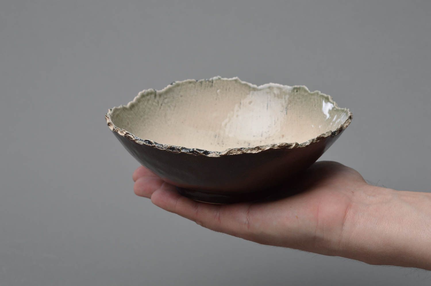 Handmade small designer porcelain bowl painted with glaze with leaves image photo 4