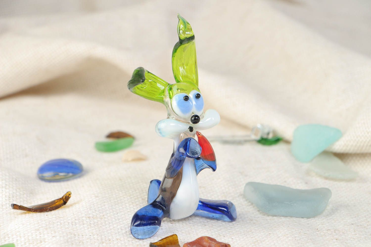 Handmade collectible lampwork glass animal figurine of rabbit with green ears photo 5