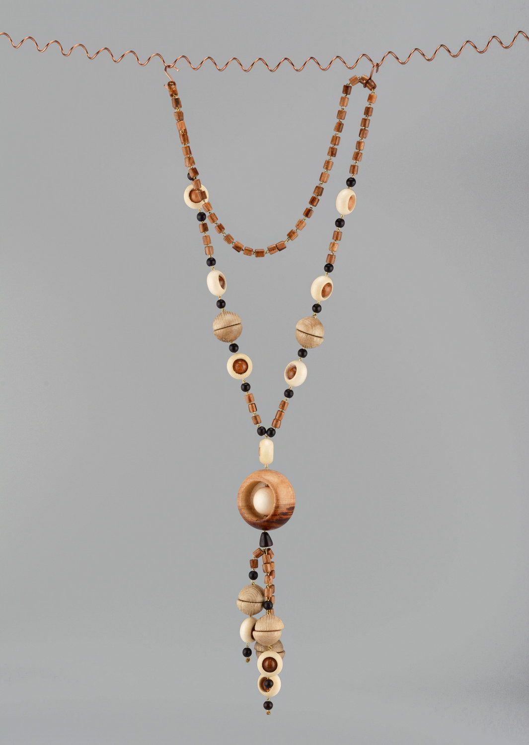 Handmade long wooden bead necklace photo 1