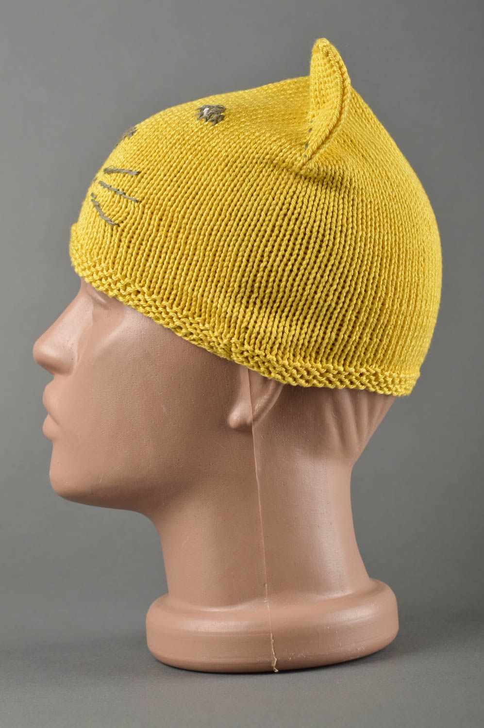 Bonnet chat crochet fait main Chapeau tricot jaune design Vêtement enfant photo 2