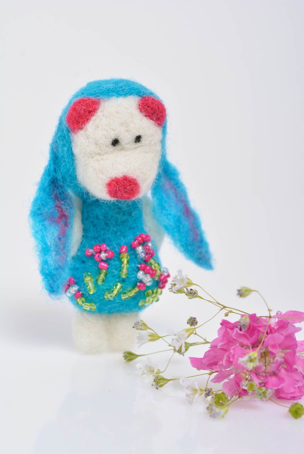 Handmade designer wool felted animal brooch bear in blue carnival costume photo 2
