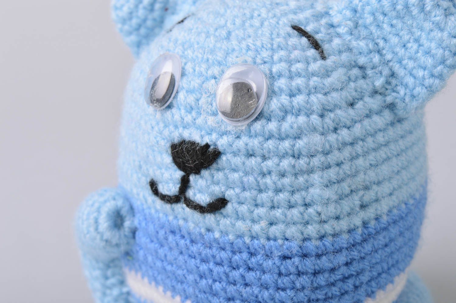 Handmade soft toy crocheted of semi cotton threads blue kitten for children photo 4
