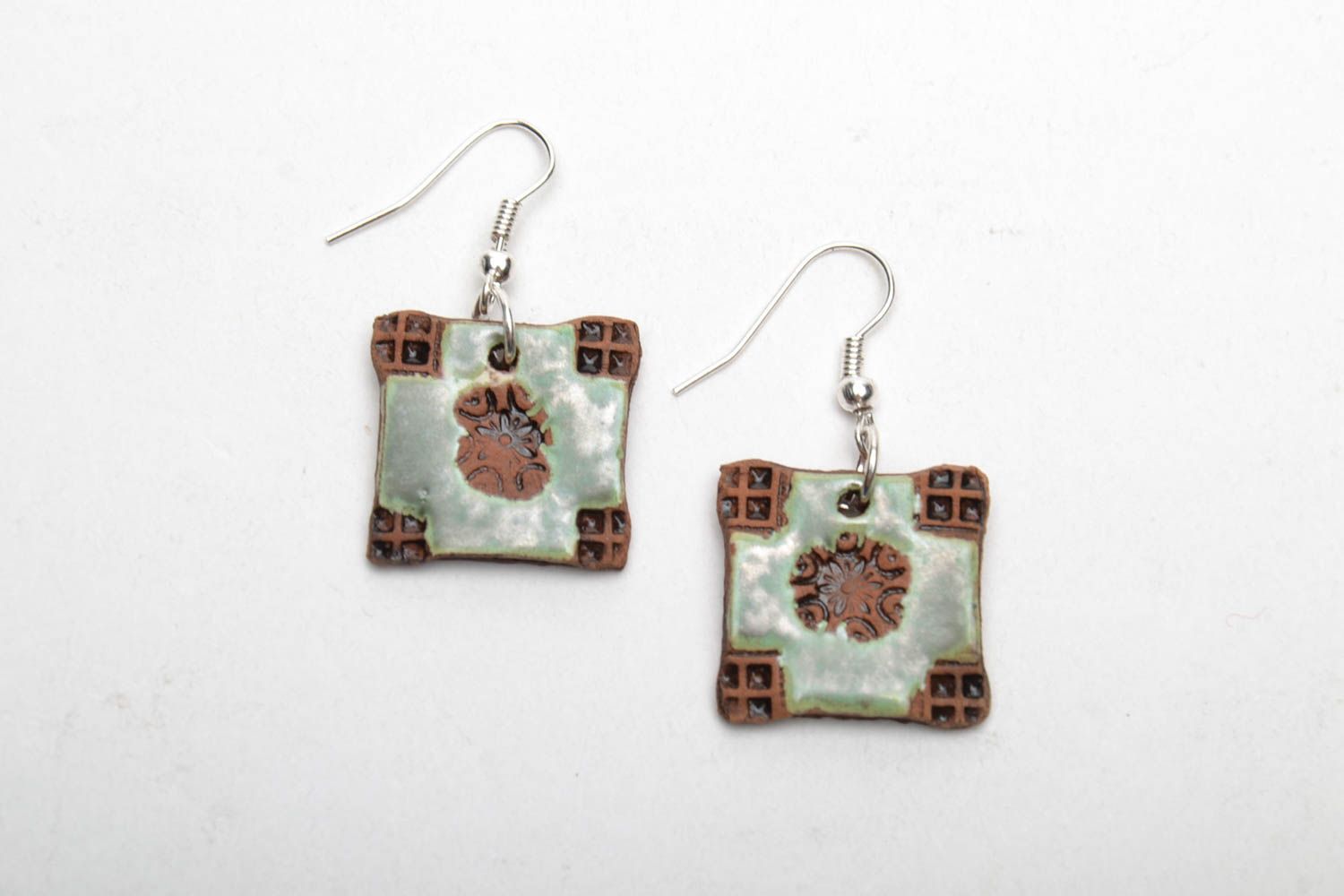 Square ceramic earrings in ethnic style photo 3