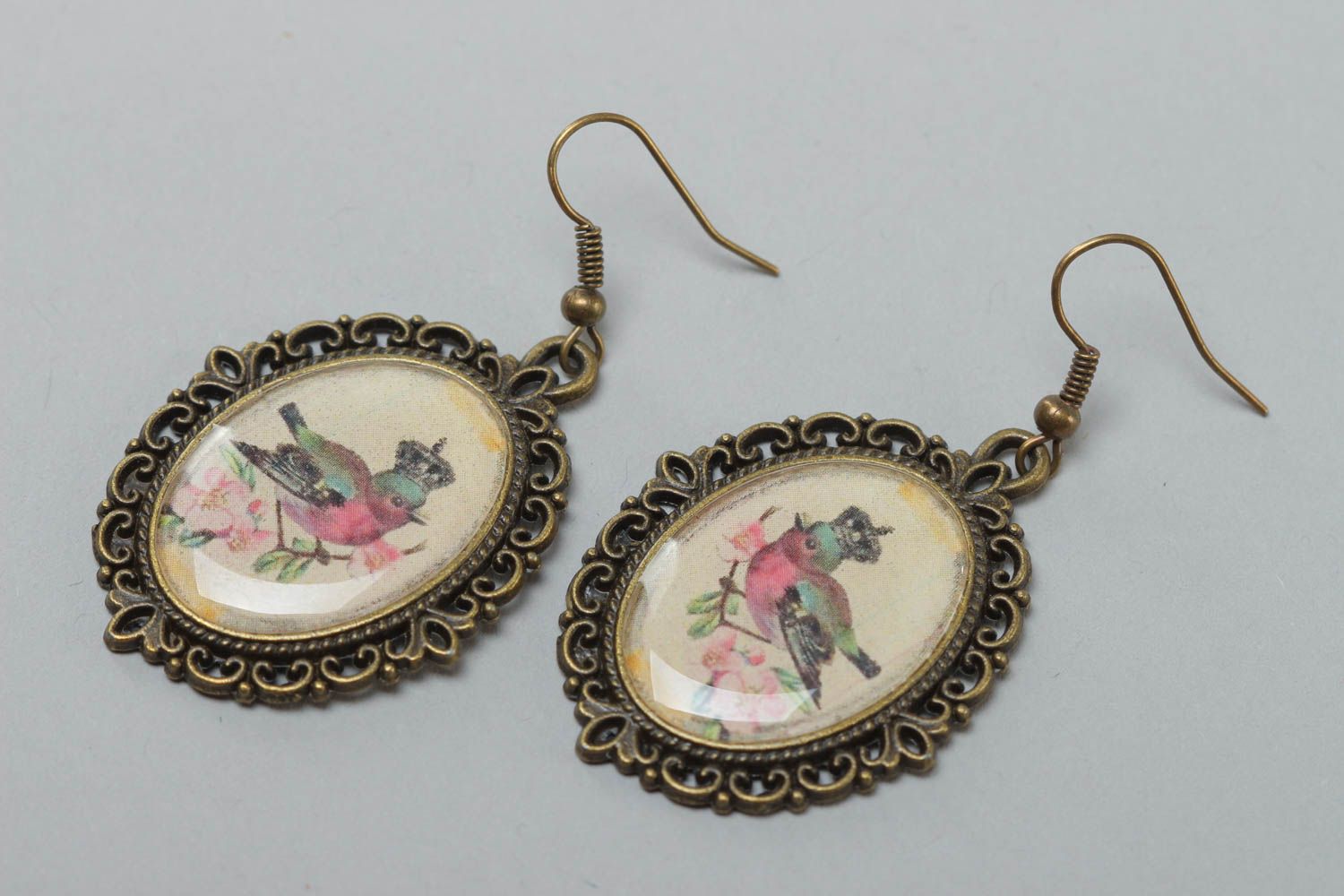 Boucles d'oreilles vintage avec oiseaux faites main ovales en glaçure spéciale photo 2